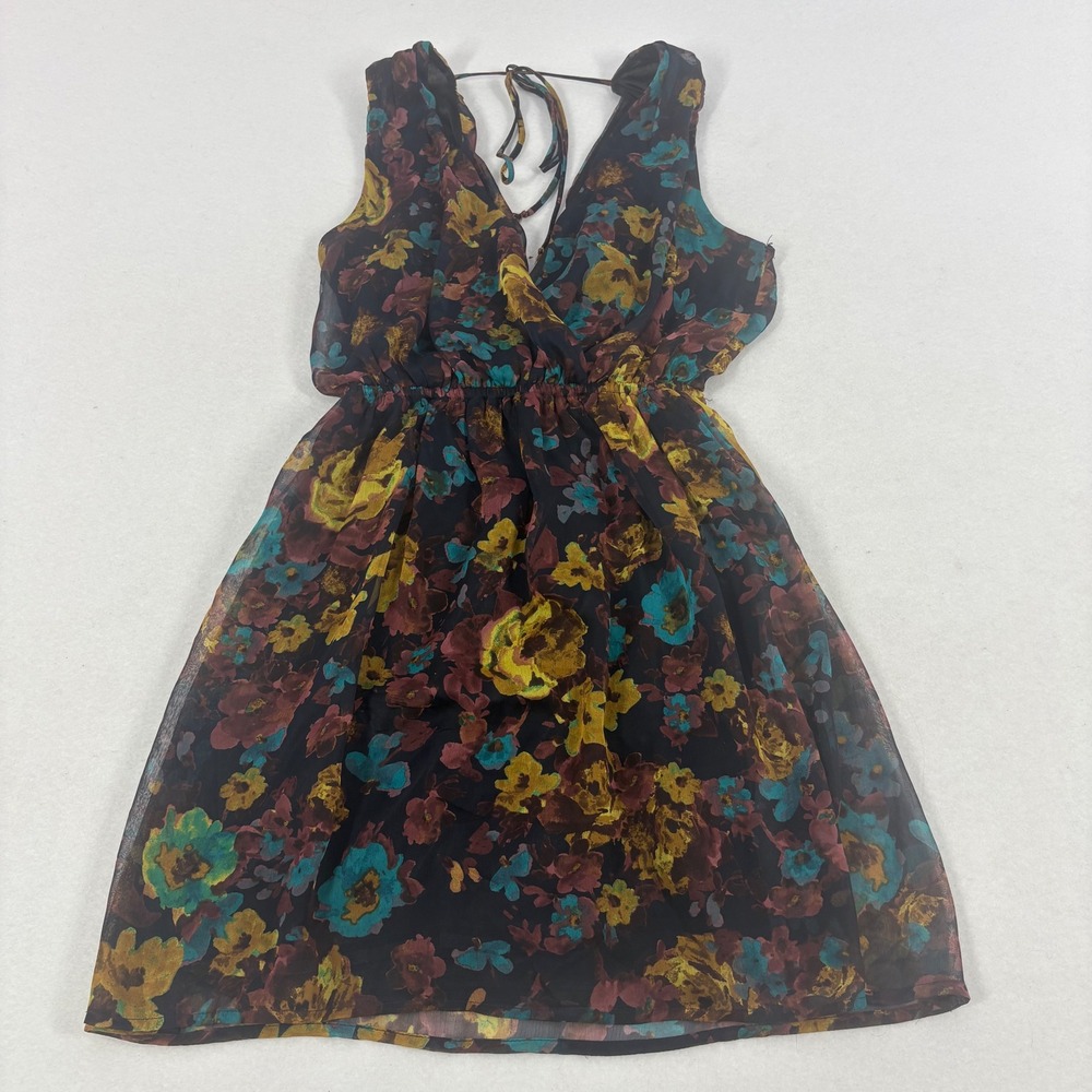 Y2K Mini Dress Dark Floral Plunge Sleeveless Chiffon Small Short Whimsigoth‎